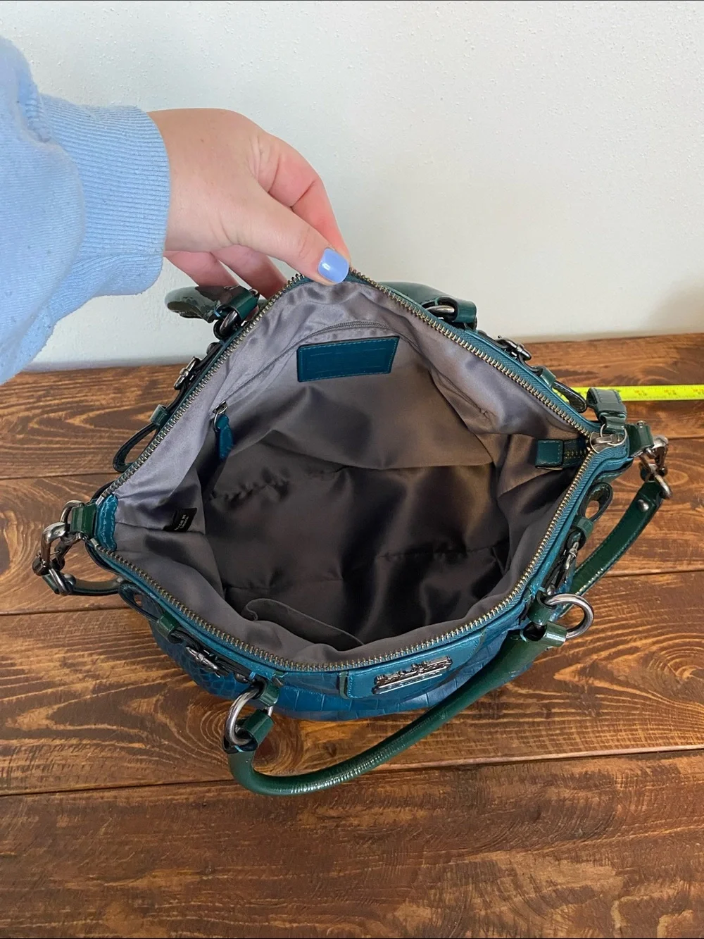 Coach Teal Croc-Embossed Leather Shoulder Bag with Dark Green Trim